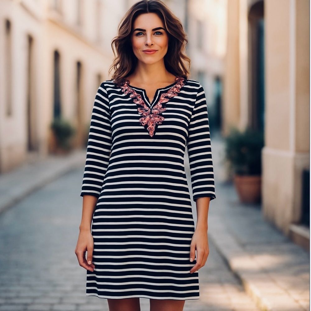 Talbots Blue & White Striped Corded Appliqué Knit Dress sz S